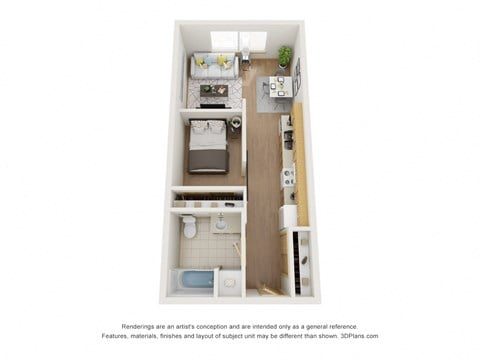 Floor plan for 1 bed, 1 bath, 544 sqft
